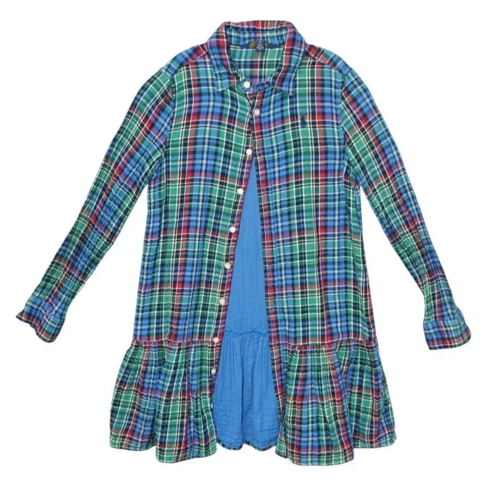 Polo Ralph Lauren Girls Plaid Flannel Ruffle Hem Shirtdress Size 12 Tartan